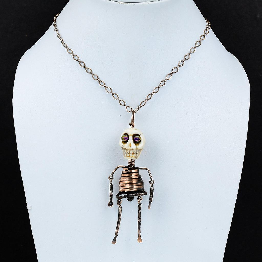 Howlite Pendant Copper Wire Wrapped Pendant Titanium Bead Eyes Pendant Skeleton Pendant Handmade Gemstone Jewelry Skull Bone Face Pendant