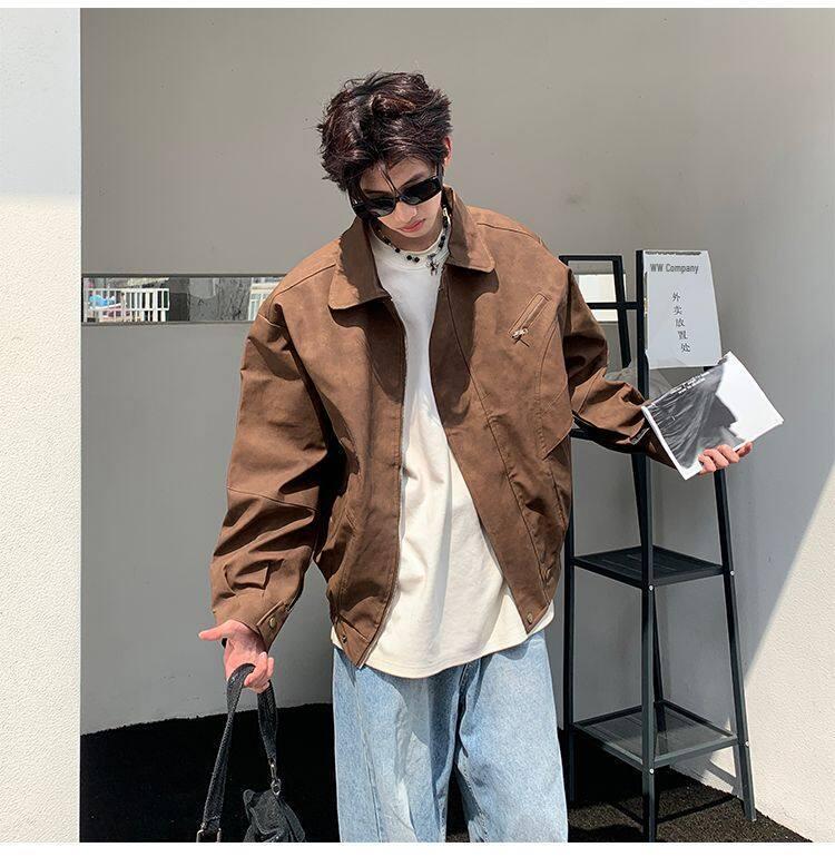 Men's Autumn Punk Brown Distressed Leather Motorcycle Jacket with Turn-Down Collar