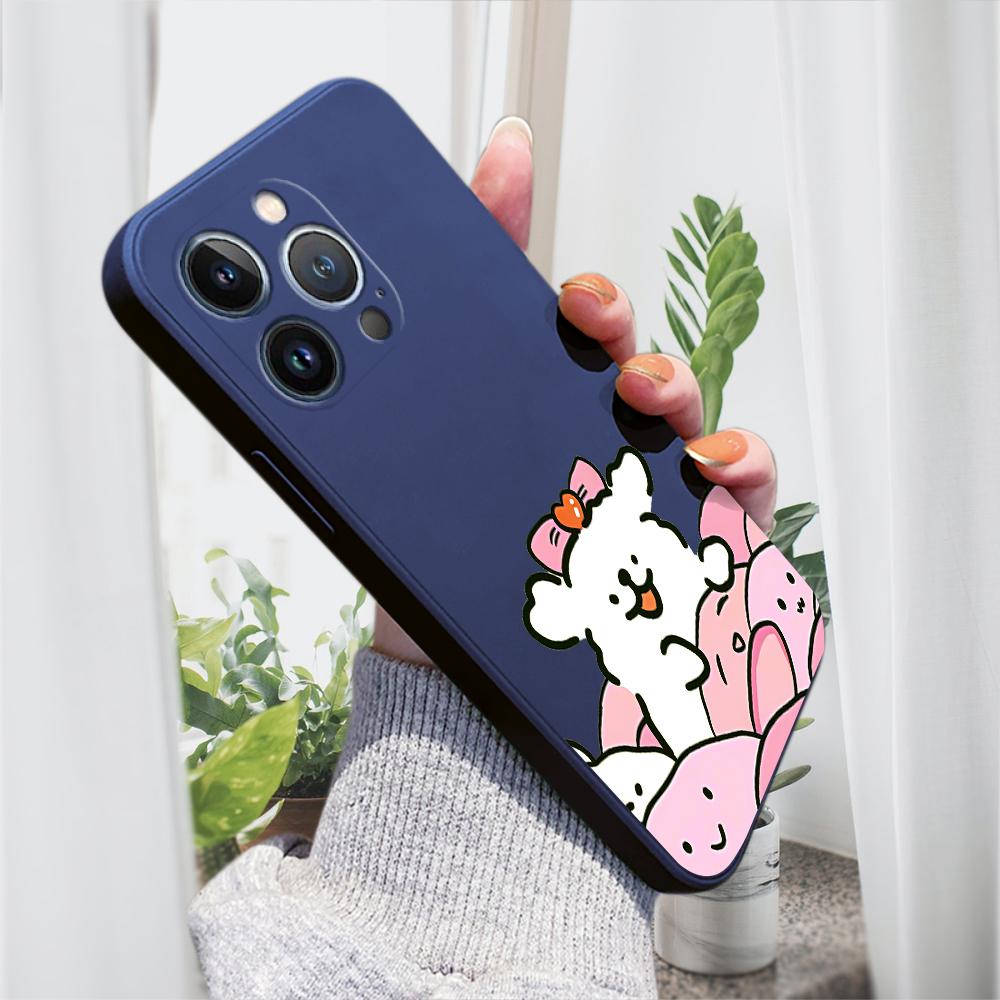 Cute Bow Puppy Phone Case for iPhone 15 14 13 12 11 Samsung Galaxy A12 A52 S24 S23 Xiaomi POCO Redmi Soft Square Liquid Silicone Cover Casing