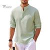 Men Shirt Long Sleeve with Cufflink Stand Collar Half Single-breasted Pullover Mid Length Solid Color Plus Size Daily Office Business Top