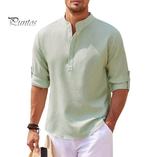 Men Shirt Long Sleeve with Cufflink Stand Collar Half Single-breasted Pullover Mid Length Solid Color Plus Size Daily Office Business Top