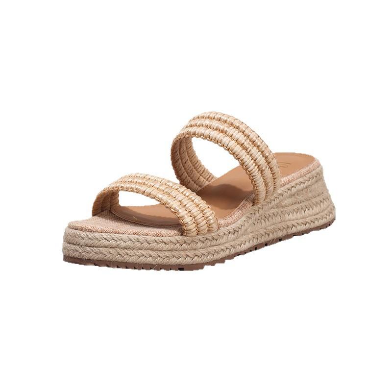 Hemp Rope Slope Heel Platform Sandals Women's Woven Straw Rope Word with Casual Summer Casual Flat Slippers Versatile Fashion