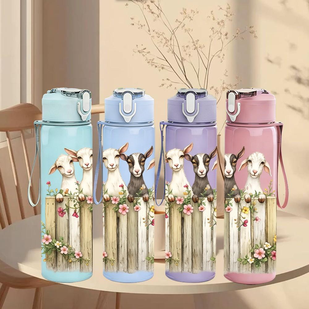 1PC Farm Goat Sheep Wooden Fence Scene Print 750ml Color Plastic Sports Water Bottle Leakproof Flip Straw Lid Suitable for Sports Office Home Use