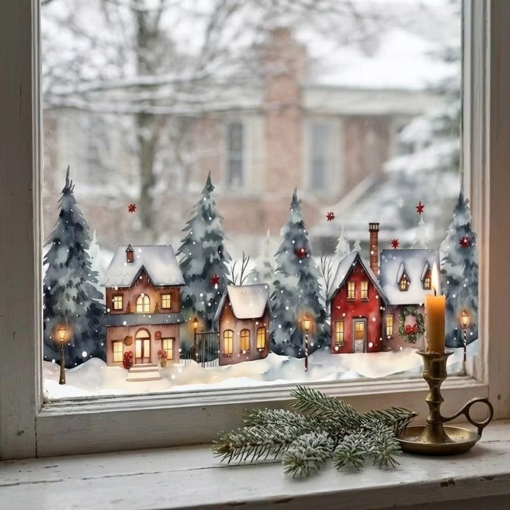 Static Adhesive Christmas Window Clings Waterproof Snowy Village Stickers Winter Home Decor