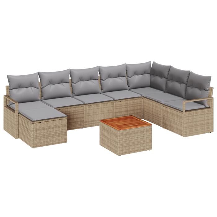Ensemble de Canapés de Jardin 9 Pièces avec Coussins Beige Poly Rattan Acacia, Canapé de Jardin 2 Places avec Coussins Beige 3347742