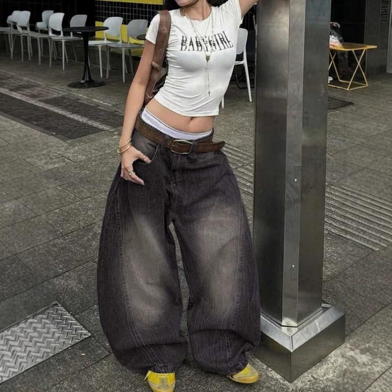 Womens Oversized High-Waist Distressed Washed Denim Wide-Leg Straight Jeans Streetwear Loose Fit