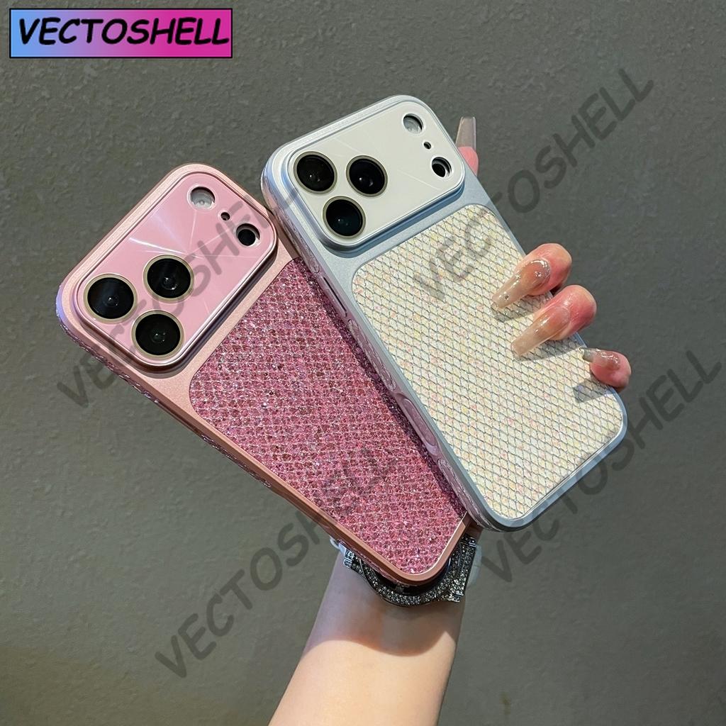 Fashion Blingbling Glitter Small Grid Pattern Window With Camera Glass Film Phone Cover Case for iPhone 17 16 15 14 13Pro Max