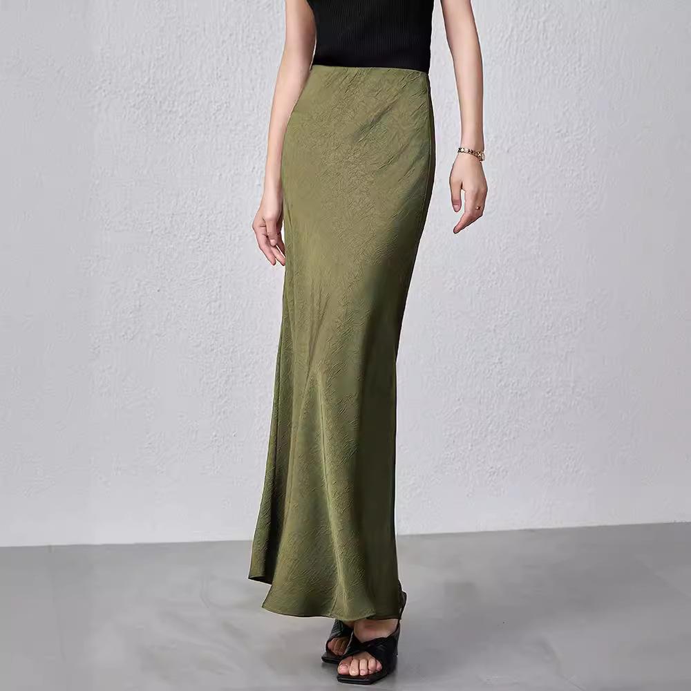 Women's Summer Satin Bustier High-waisted Elastic Hand-gripped Floral Pattern Long Skirt Temperament and Elegant Solid Color Long Skirt