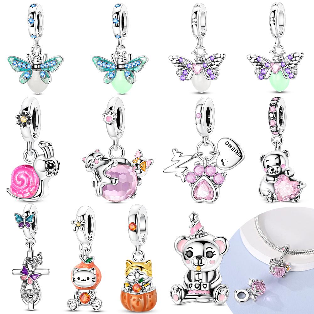 Charms Copper Original Luminous Firefly Pink Cat Little Bear Heart Beads Fit Bracelet Women Jewelry Making Diy Accessories
