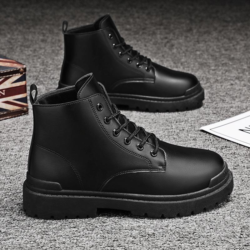 Pánské černé vysoké motocyklové kožené boty v britském stylu na jaro a podzim, pracovní obuv.