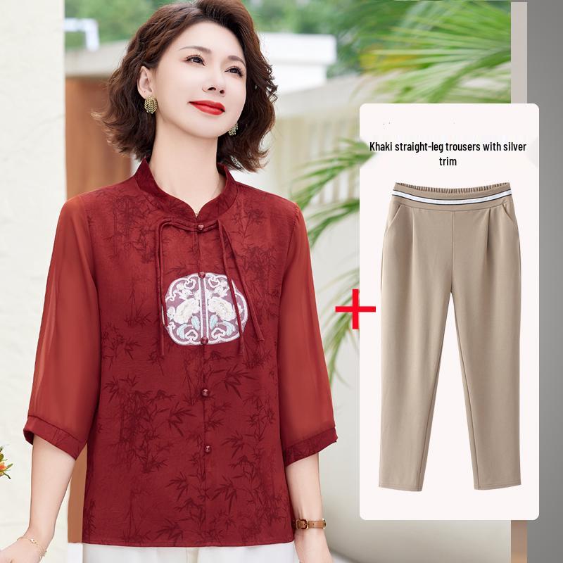Mom's New Summer Chiffon Blouse: Chinese-Style Two-Piece Set for Middle-Aged & Elderly Women