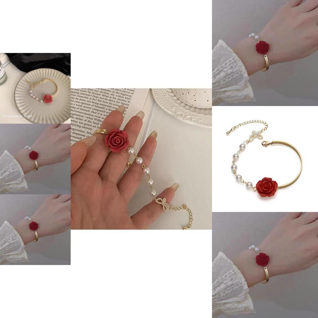 High-end Fashionable Red Rose Pearl Bracelet For Women With Geometric Design