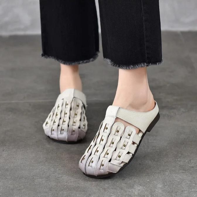 Johnature Genuine Leather Round Toe Flat Slippers Hollow Out Soft Soled Outdoor Slides Women's Slip-on Sheos