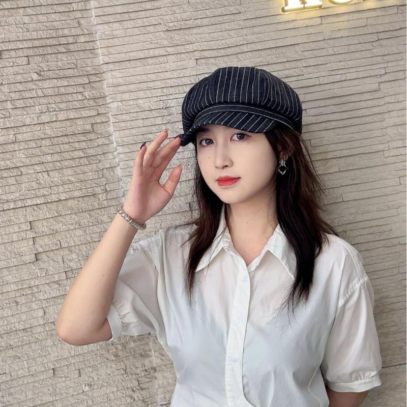 25 Early autumn new striped navy blue versatile octagonal hat women's big head circumference showing face small painter hat