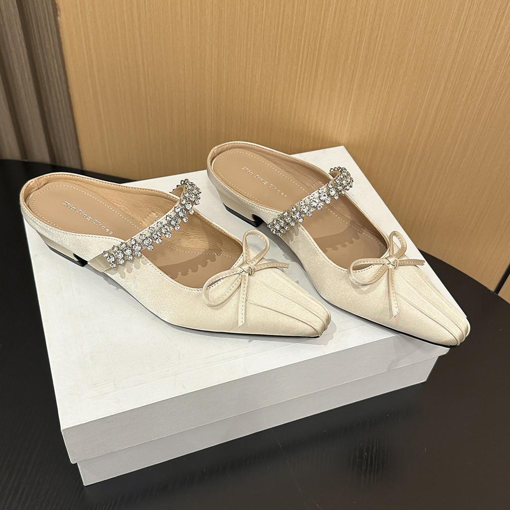 317-2 French Cloth Rhinestone Square Head Middle Heel Single Shoes New Bow Pleated Bag Head Empty Single Shoes Women's Shoes