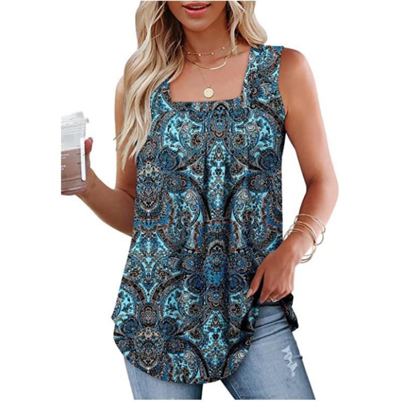 T-shirt da donna estiva senza maniche con scollo quadrato stampata, temperamentale, comoda, canotta larga