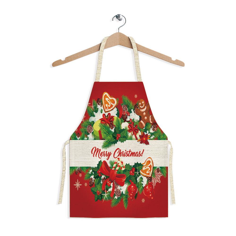 Christmas Snowflake Reindeer Gingerbread Man Print Linen Apron Sleeveless Dirty Resistant Cooking Bib 47x38cm 68x55cm
