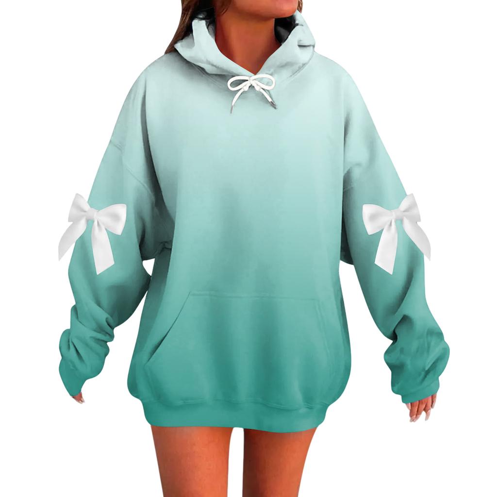 Ladies' Gradient Printed Bow Long Sleeved Loose Fitting Headband With Rope Hooded Sweatshirt Top