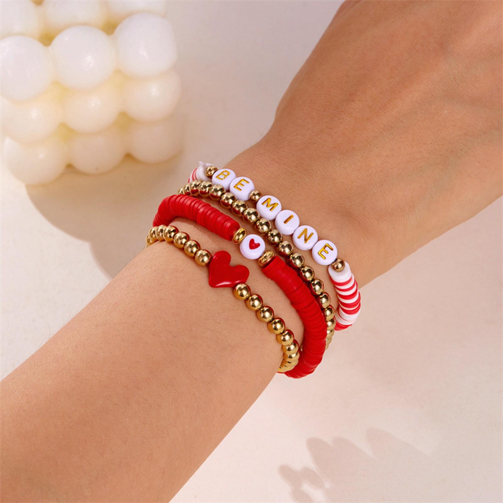 

Браслет ко Дню святого Валентина, многослойный браслет с подвеской в форме сердца, мягкий эластичный браслет с керамическими бусинами, нить One Size
