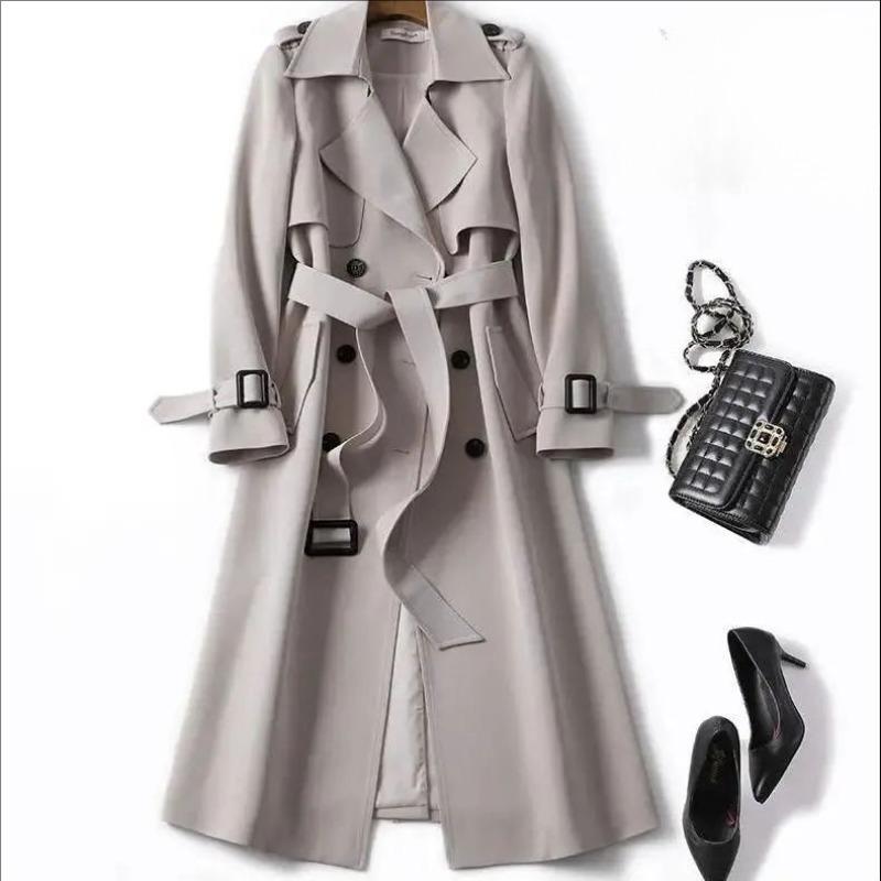 

Ветровка женская длинное пальто большого размера тонкое модное повседневное пальто однотонная приталенная куртка верхняя одежда тренч осень XXXL светло-серый