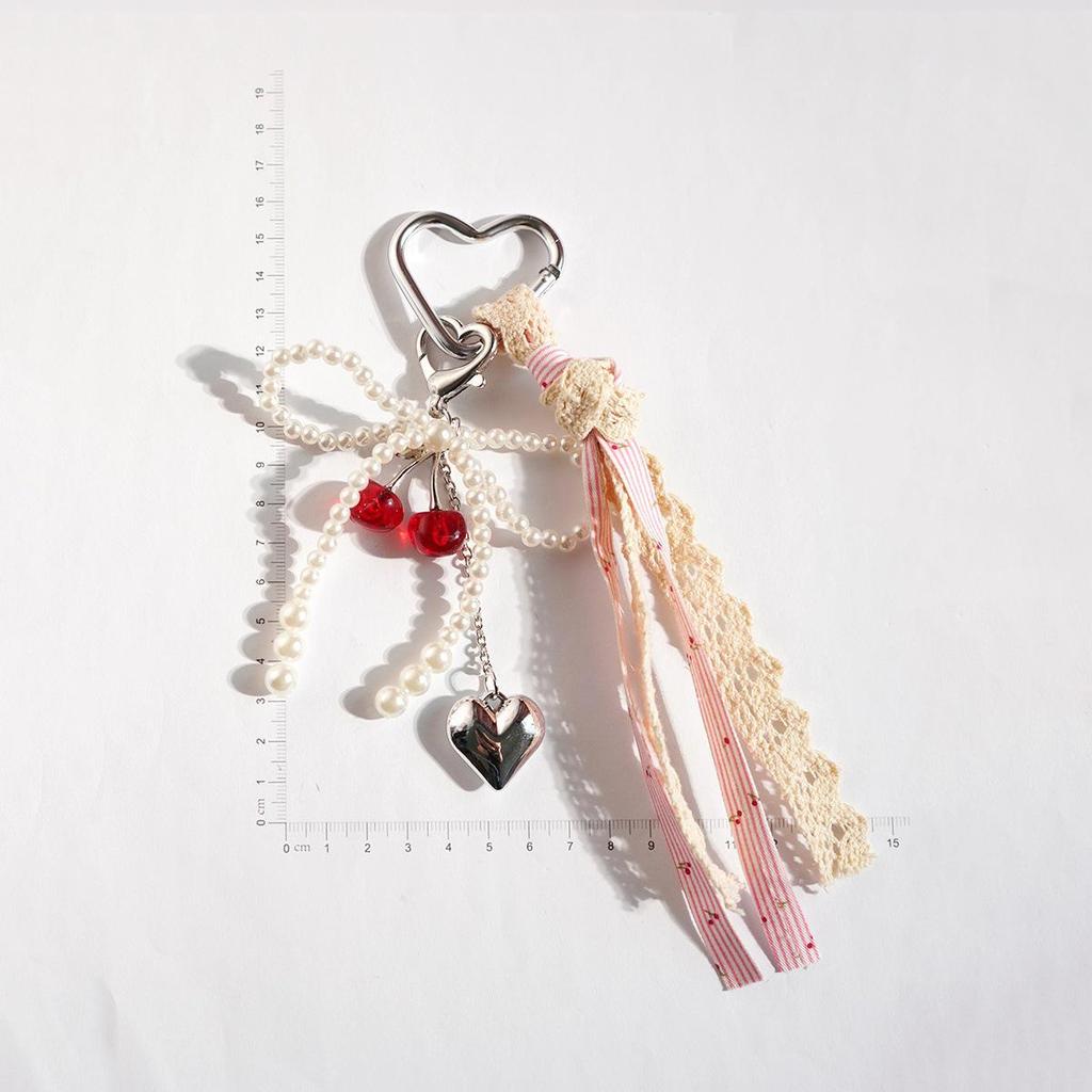 Cherry Bow Beaded Heart Bag Charm Keychain