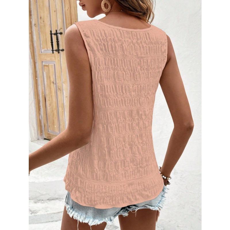 Womens Lace Neckline Smocked Crop Top With Floral Crochet Detail Casual Solid Color Sleeveless Blouse