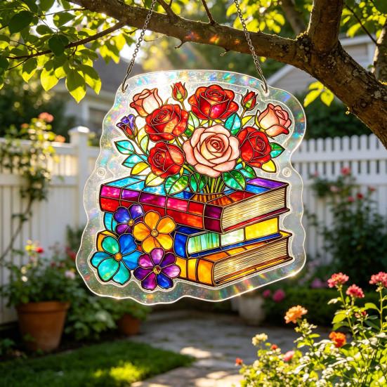 Bookish Acrylic Puzzle Suncatcher, Stained Glass Style Window Hanging Ornament, Hummingbird Floral Book DIY Sun Catcher Kit for Home Decor,