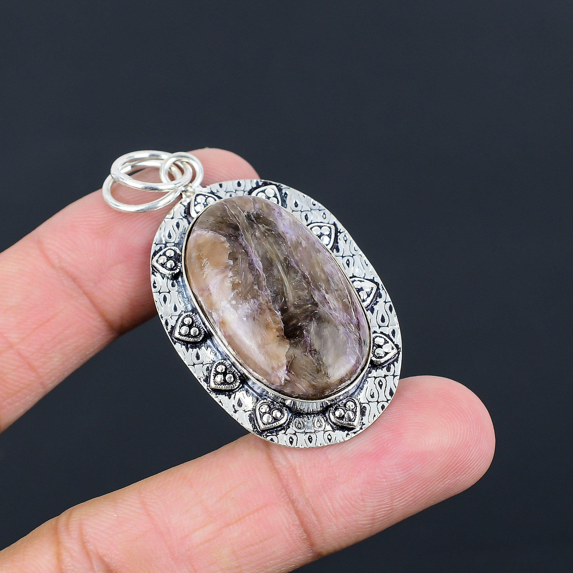 Friendship Day Deal Charoite Stone New Bezel Artisan Pendant Sterling Silver