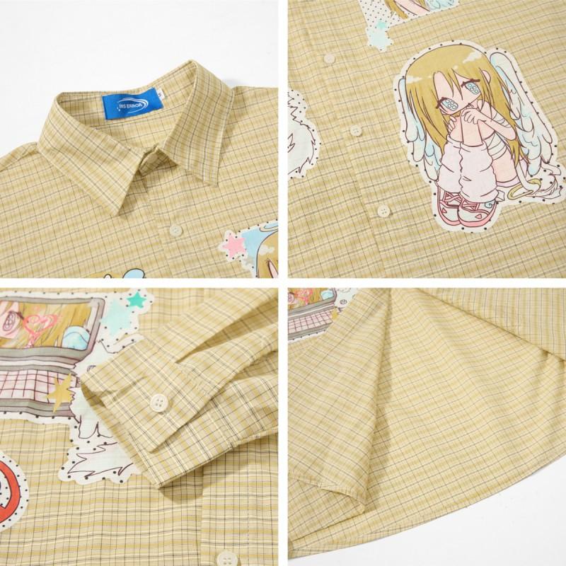 Amerikanischer Süßer Cooler Stil Blau Weiß Kariert Anime Mädchen Druck Locker Langarmshirt Herren
