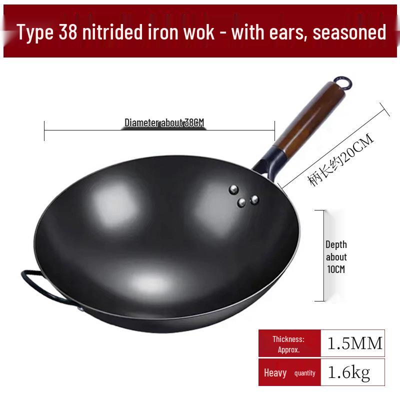 Old-Fashioned Cast Iron Non-Stick Wok for Stir-Frying on Home Gas Stove, Round Bottom Frying Pan