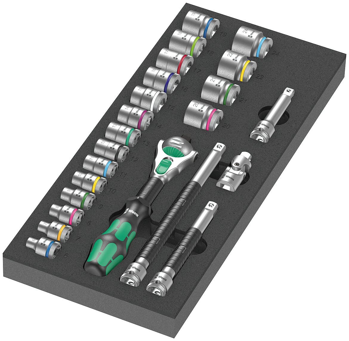 

WERA Set with Drive Ratchet Zyklop Speed Socket Attachment Set with Foam Inserts 23-Piece 3/8 Wrench, (150111)