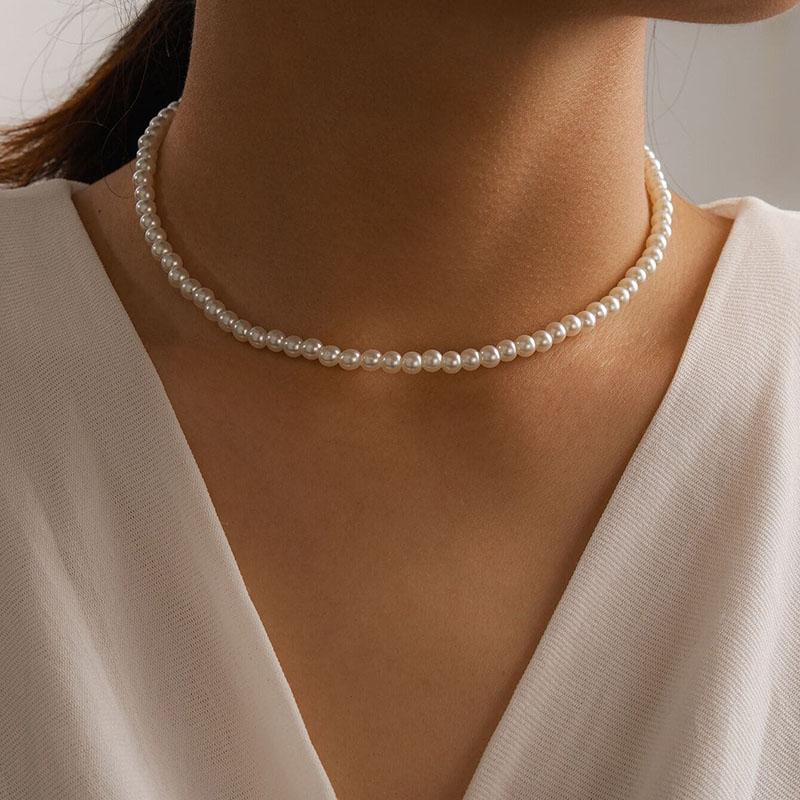 Aihua 4/6/8/10/14mm Elegant Imitation Pearl Beaded Choker Necklaces Collar for Women Wedding Bridal Party Jewelry Gifts