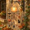 Spooky Garden Ornaments Halloween Luminous Ghost Wind Chime, Glow-in-The-Dark Hanging Ornament with Pumpkin Bat Front Porch Decor Spider Charms,
