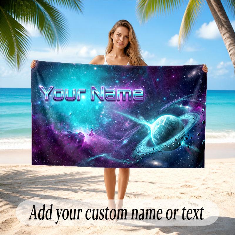 Space Cosmic Theme Soft Beach Towel Personalized Custom Name Text Towel Portable for Beach Pool Travel