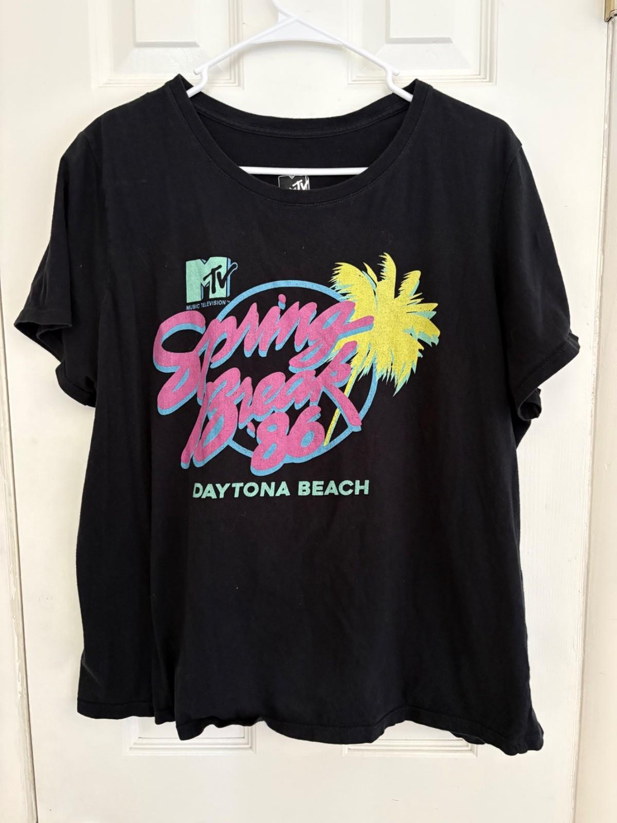 MTV Spring Break 86 Daytona Beach Graphic T-Shirt Black Retro 1980s Neon Logo 2x Unisex T-Shirt XL