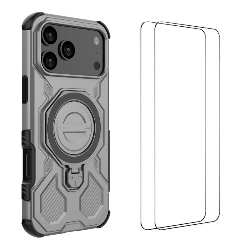 

For iPhone 17 Pro Max Case Kickstand with 2Pcs Screen Film WANLONFENG KJ Series PC TPU Phone Cover (Big Lens Hole) Grey
