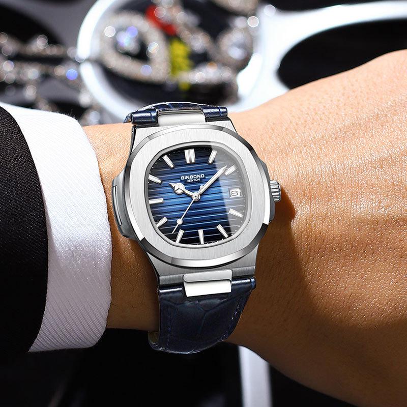 Men's Fashionable Waterproof Luminous Calendar Watch with Genuine Leather Strap