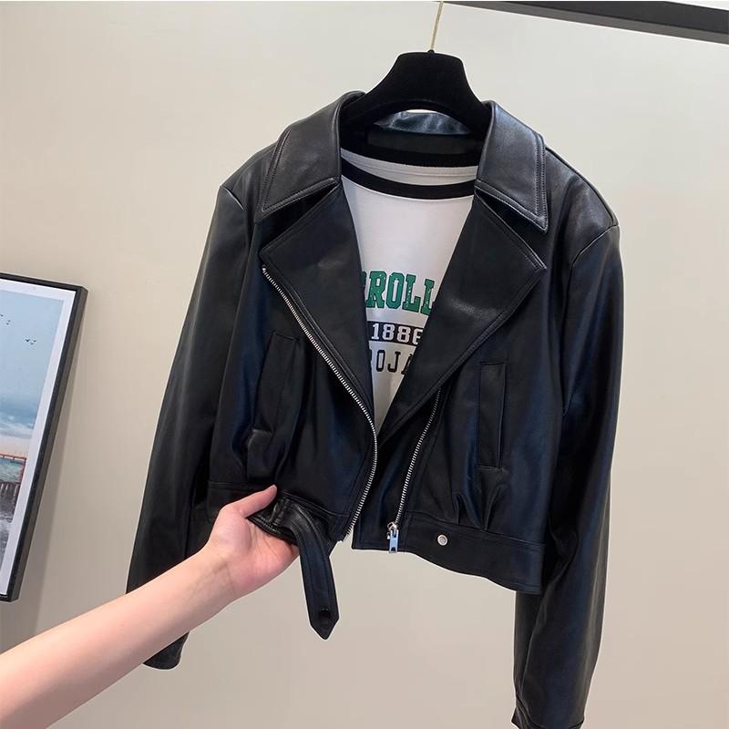 Short Leather Jacket Women's Spring and Autumn Fashion Thin Leather Temperament Lapel PU Leather Thin All-match Jacket