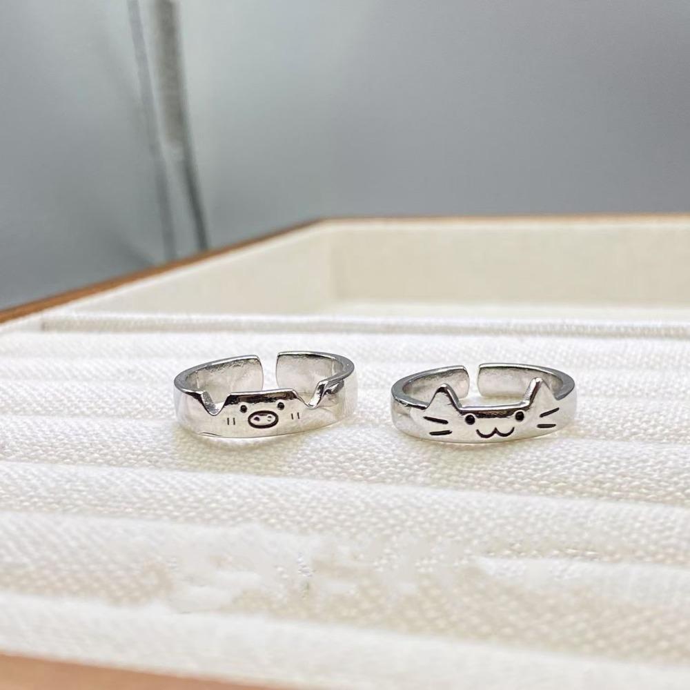 Cute Dog Animal Couple Ring Geometric Valentine's Day Gift Stackable Cat Opening Ring  Best Friends