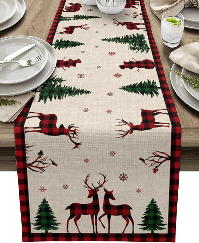 Christmas Elk Deer Holly Tree Linen Table Runner Dresser Scarves Reindeer Xmas Kitchen Dining Table Runner Navidad Decorations