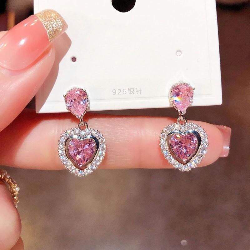 Super flash pink love zircon earrings sweet less design earrings spring and summer jewelry earrings versatile stud earrings