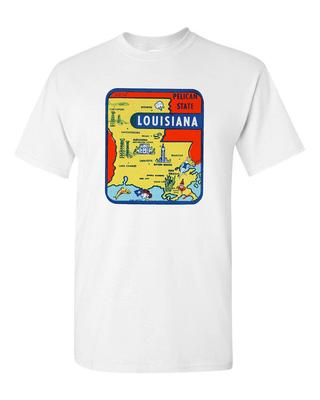 Retro Travel Tee T Shirt Vtg Art Souvenir Louisiana Pelican State Tourist Art