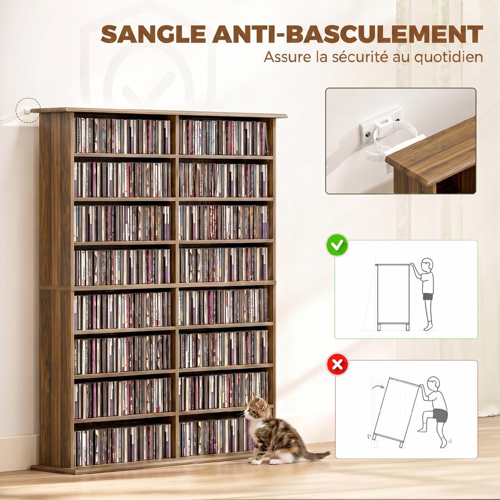 CD/DVD Storage Unit, 16 Compartments, 12 Adjustable Shelves, 720 CDs/396 DVDs, Walnut