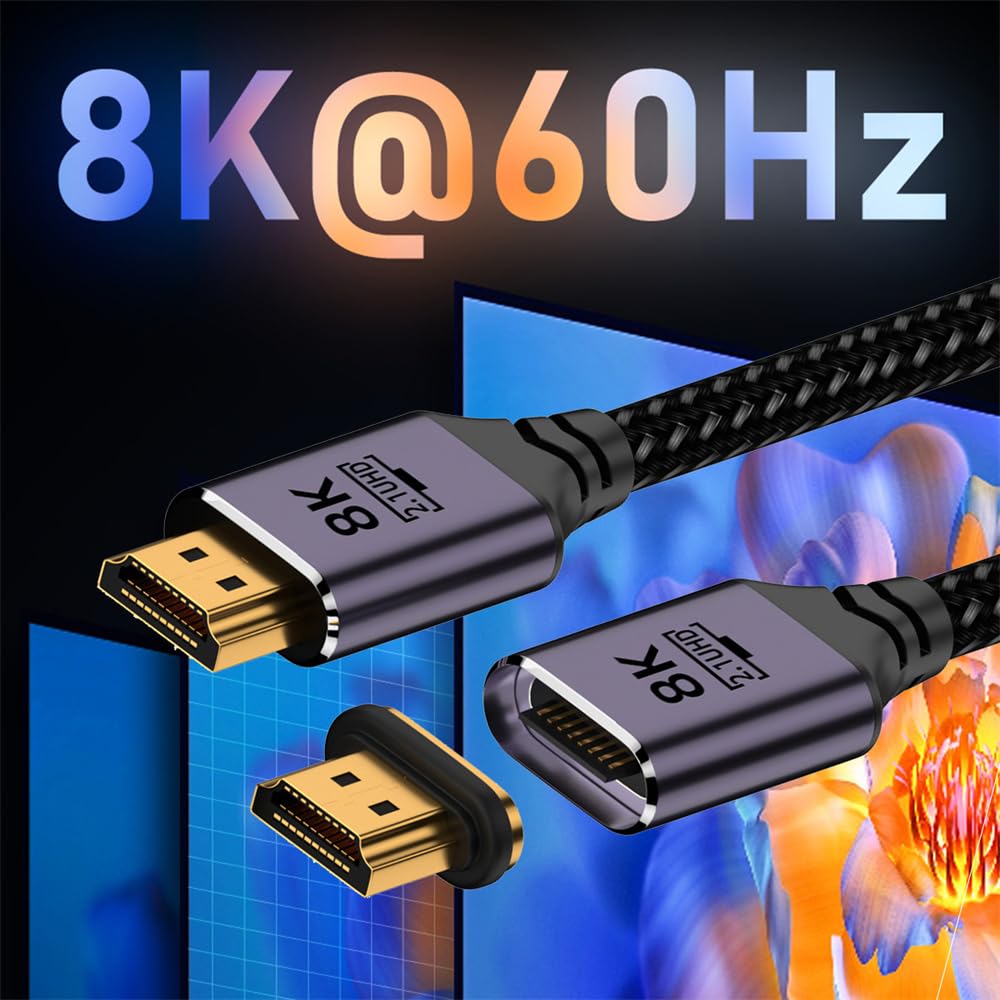 xiwai Magnetic 8K HDMI Male to Male Video Aluminum Shell for Laptops and HDTVs 2.1 Type-A Cable, 6.6ft, Braided,