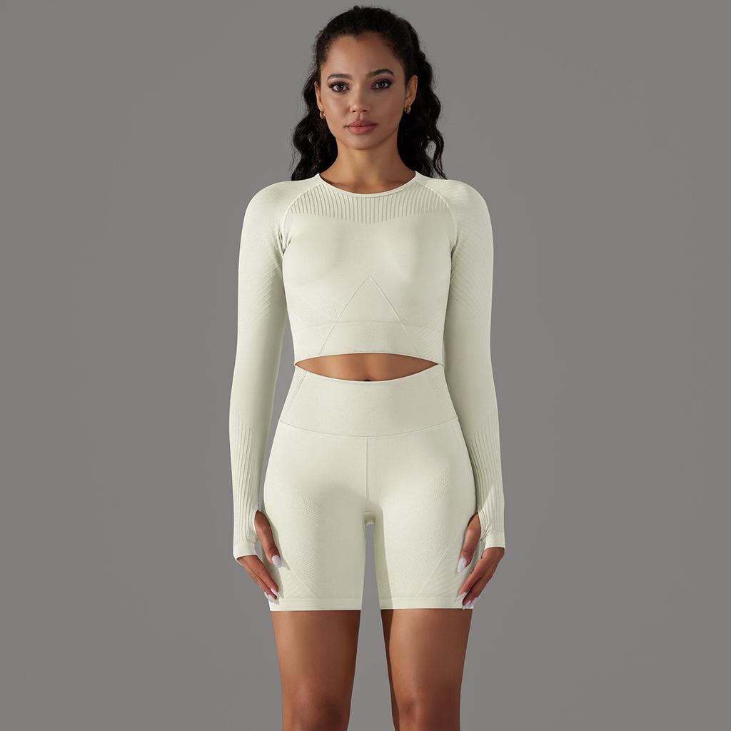 Seamless Long Sleeved Round Neck T-Shirt Sports Suit, High Waist And Hip Lifting Tight Shorts, Fitness Yoga Two-Piece Set For Women