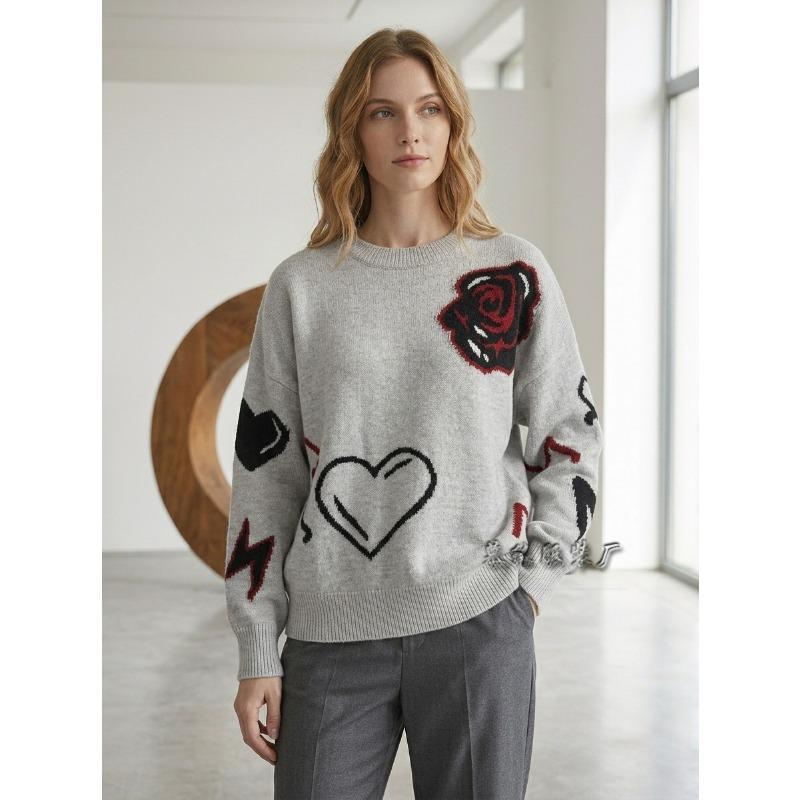 Women Loose Knit Long Sleeve Heart Jacquard Crew Neck Sweater