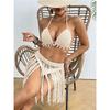 Womens Hand Crocheted Two Piece Bikini Set Shell Patchwork Tie Fringe Skirt Stylish Elegant Beachwear For Summer Vacation