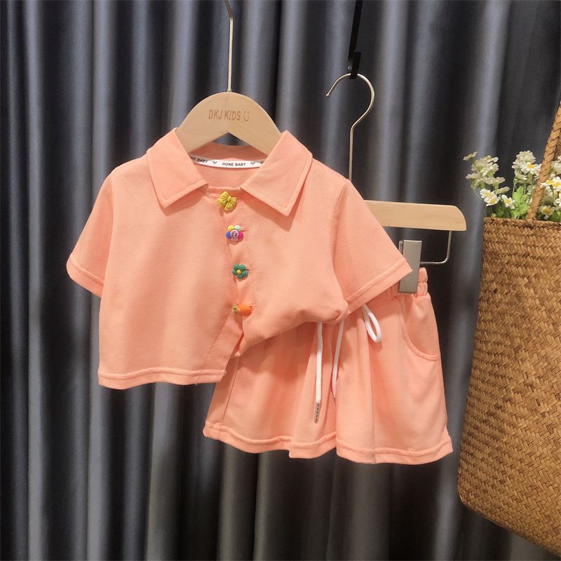 

Костюм с короткими рукавами для девочек, детская рубашка-поло, спортивная модная одежда, летняя тонкая дышащая удобная комплект из двух предметов 130cm