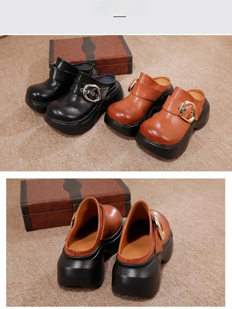 Johnature Genuine Leather Round Toe Thick Soled Shoes Retro Belt Buckle Outdoor Platform Slippers