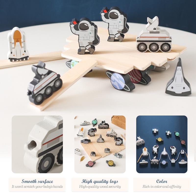 Children's Balance Ability Montessori Toy Wooden Astronaut Button Beaded Blocks Stacking Game Kids Educational Toy Gift with Box